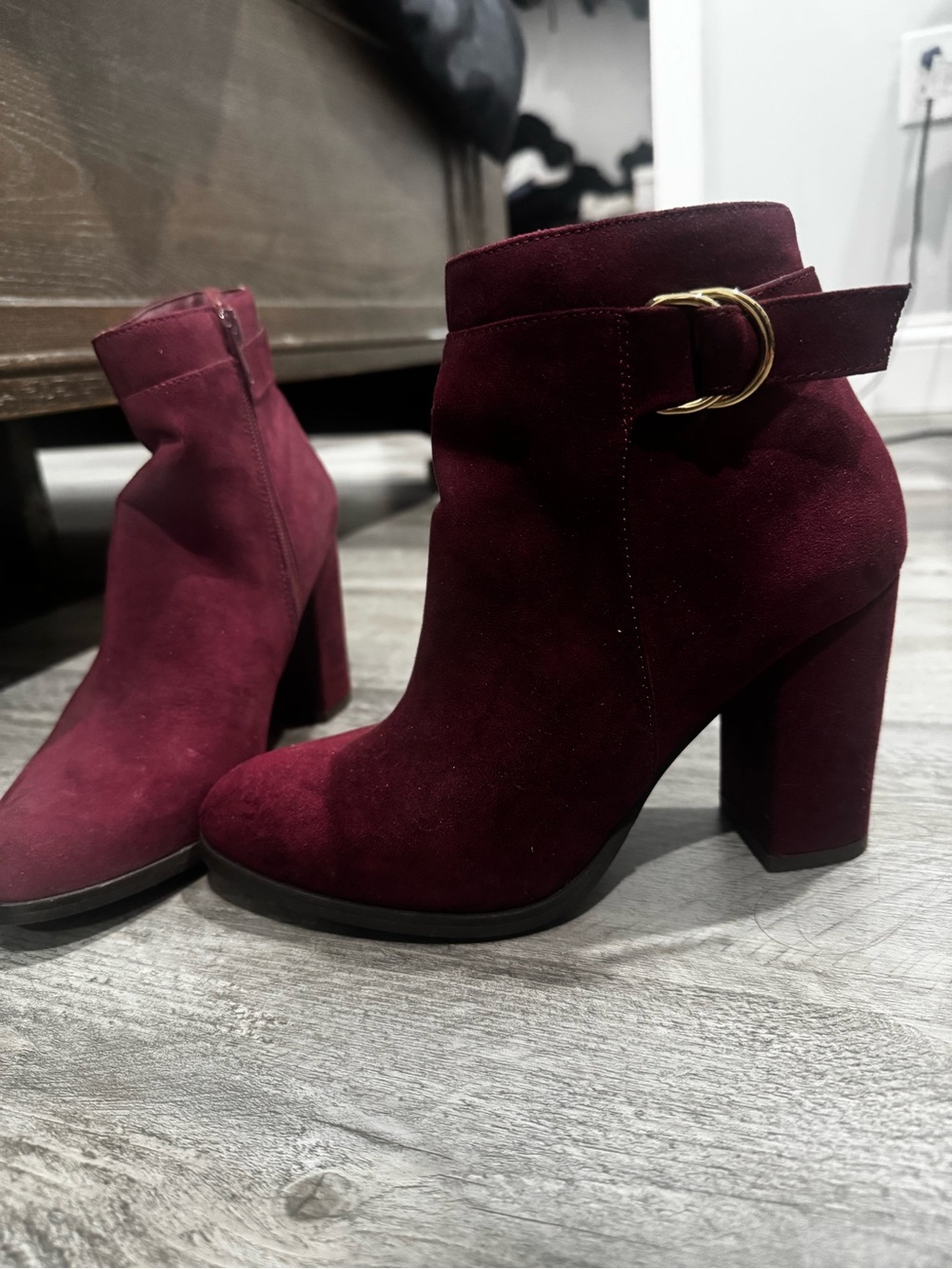 Shoe Dazzle Burgundy Suede Block Heel Ankle Boots with Buckle